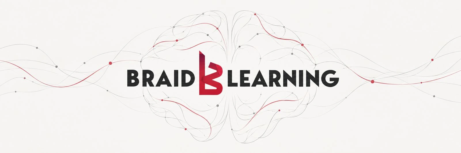 Logo do Braid Learning sobre o desenho de um cérebro feito de linhas finas, com pontos em vermelho Logo do Braid Learning sobre o desenho de um cérebro feito de linhas finas, com pontos em vermelho