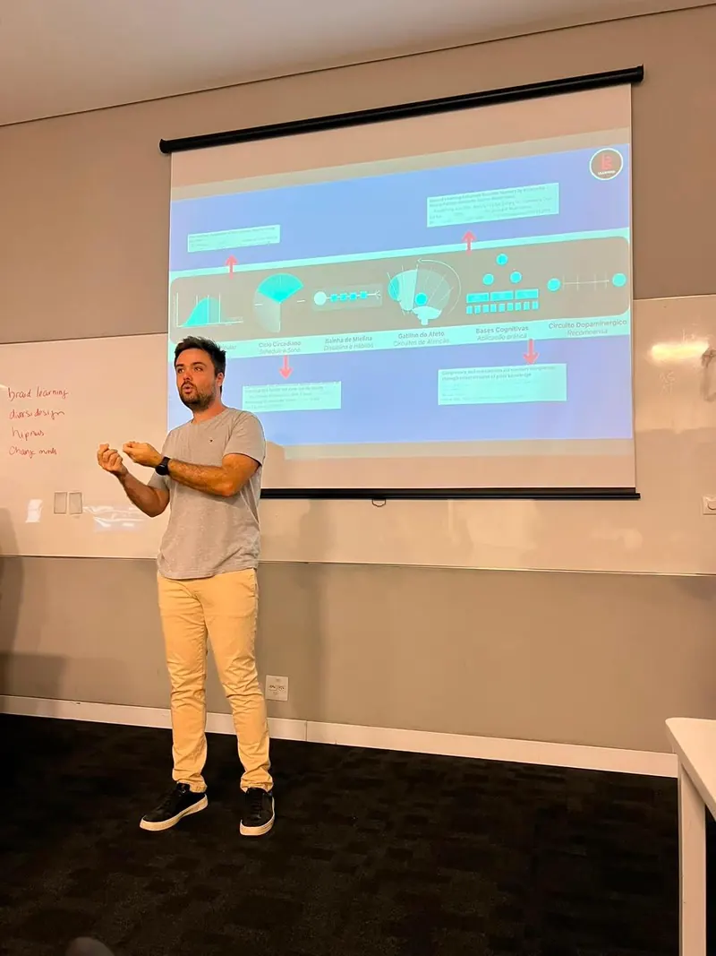 Minoru Raphael de camiseta cinza, em pé, explicando o Braid Learning diante de um slide numa sala de treinamento Minoru Raphael de camiseta cinza, em pé, explicando o Braid Learning diante de um slide numa sala de treinamento