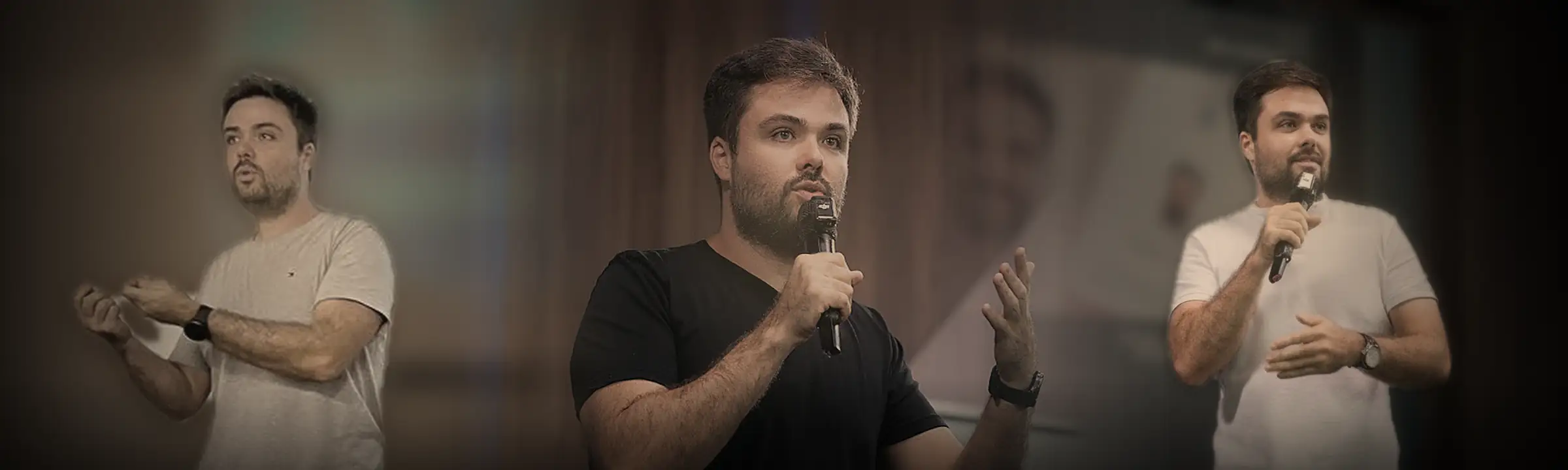 Palestra corporativa de Minoru Raphael: três fotos dele palestrando com microfone, de camiseta cinza, de camiseta preta e de camiseta clara, em palcos diferentes